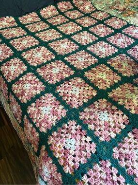 Vintage Handmade Crochet Granny Square Throw Blanket - Pink and Teal